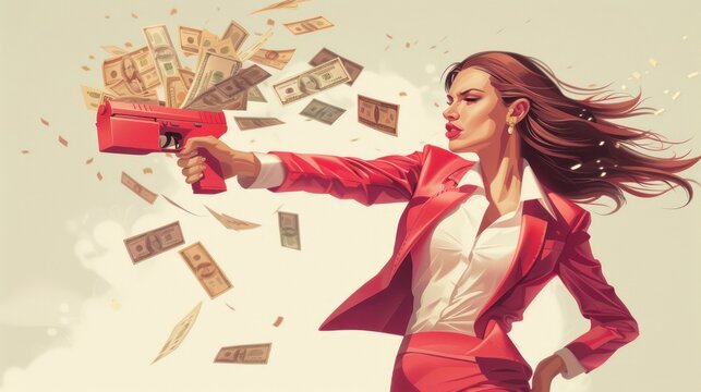 Woman holding a gun and money flying in the air