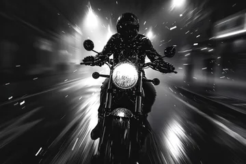 Schilderijen op glas Black and white photo of biker driving a motorcycle background © 2D_Jungle