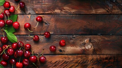 Cherries on rustic table. Cherry top view background.
