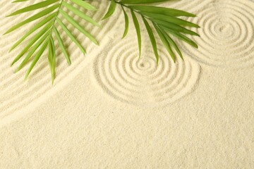 Fototapeta na wymiar Zen rock garden. Circle patterns and green leaves on beige sand