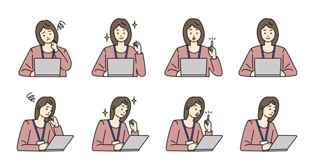 PCに向かって仕事をする女性エンジニアのシンプルなイラストセット