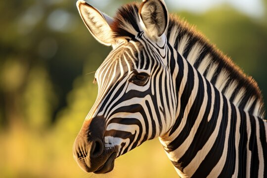 Close-up shot of a cute wild zebra with striped fur standing in nature.