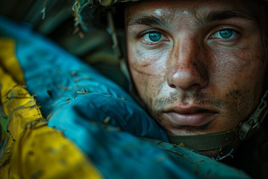 Ukrainian soldier. The concept of the war in Ukraine. Background with selective focus and copy space