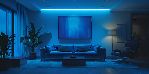 Empty Wall in a Futuristic Sci Fi Living Room with Light blue, Light Cyan, and Light Blue Neon