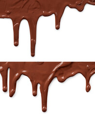 Tasty melted milk chocolate pouring down on white background, collage