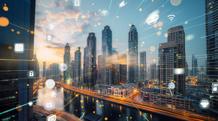Skyscrapers of Dubai business downtown. International hub of trading and financial services. Technology theme icons hologram, Fintech concept. Double exposure. Dubai Canal waterfront. - obrazy, fototapety, plakaty
