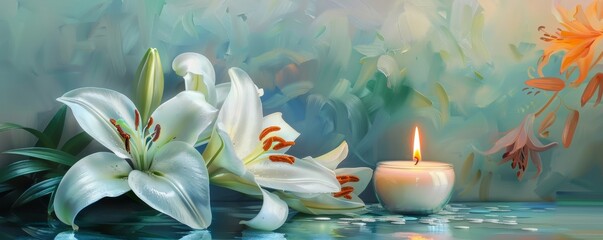 A Serene Easter Morning: White Lilies Blooming Beside a Gently Flickering Candle, Symbolizing Renewal and Hope