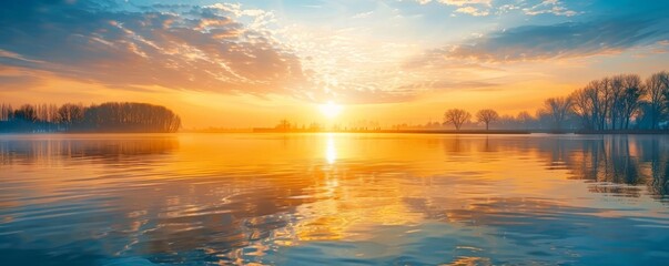 A Serene Easter Morning: The Golden Sunrise Reflecting on the Calm Waters of a Lake, Signifying Renewal and Hope