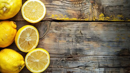 Lemons on rustic wooden table. Top view. Citrus fruit background