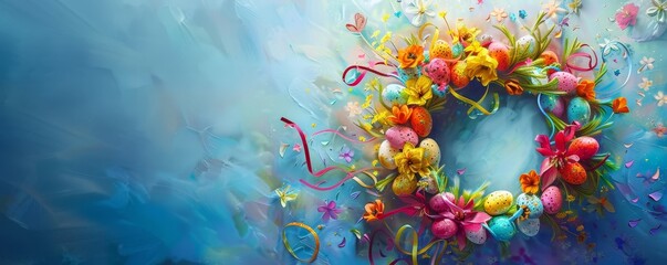 Obraz na płótnie Canvas A Vibrant Celebration of Spring: An Artistic Illustration of a Decorative Easter Egg Wreath Adorned with Flowers and Ribbons