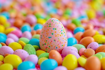 Fototapeta na wymiar A Vibrant Easter Celebration: A Colorful Egg Nestled Amongst an Array of Sweet Candies, Symbolizing Spring's Joyful Bounty