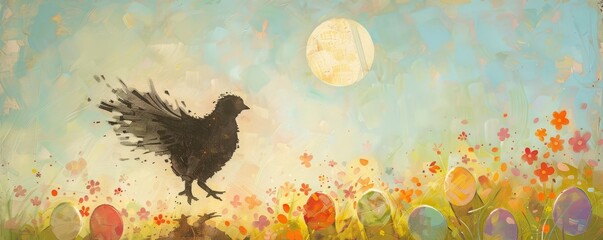 In the Warm Glow of Spring, a Delicate Shadow of a Joyful Chick Takes Flight Over a Field of Easter Eggs