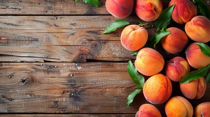 Naklejka na ściany i meble Peaches on rustic wooden table. Top view. Peach background
