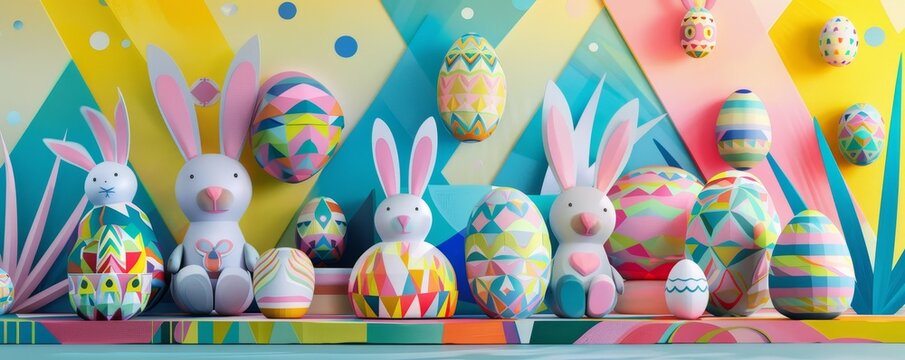 A Vibrant Easter Celebration: Geometric Shapes Come Together to Form a Whimsical Scene of Bunnies and Eggs