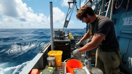 A marine scientist examines water samples on a research vessel, conducting environmental analysis on the open sea. AIG41