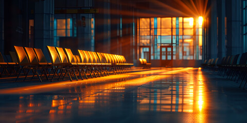Empty airport terminal waiting area with chairs - obrazy, fototapety, plakaty