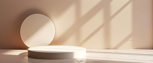 Minimalist beige setup with an oval object on a round podium, highlighted by warm sunlight and linear shadows.