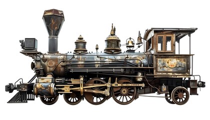 Old time vintage railroad steam locomotive train engine, isolated on white - obrazy, fototapety, plakaty