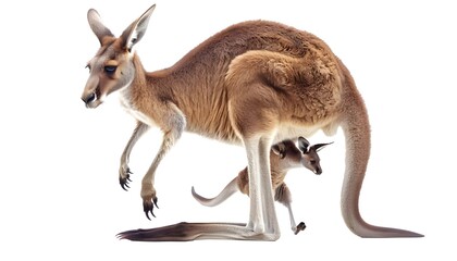 Red kangaroo carrying a cute Joey, isolated on clean white - obrazy, fototapety, plakaty