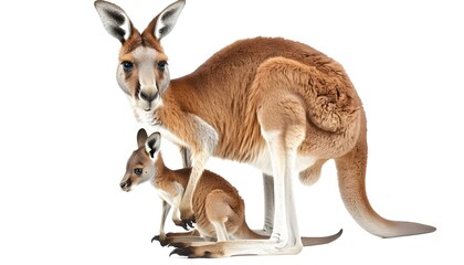 Red kangaroo carrying a cute Joey, isolated on clean white - obrazy, fototapety, plakaty