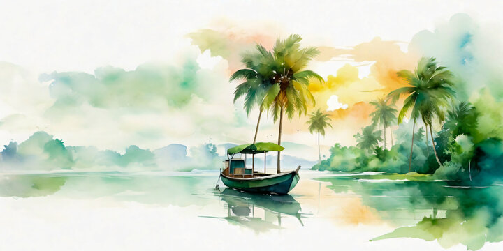 tropical island with palm trees panorama generative ai