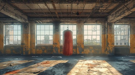 red punching bag in abandoned room 