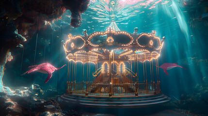 A merry-go-round underwater surrounded by fish and coral.