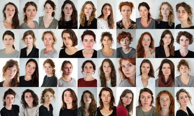 Obraz premium composite portrait of different white caucasian women headshots, on white background