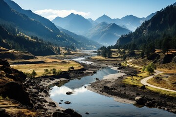 Mountain Valley River with Reflective Waters.  - obrazy, fototapety, plakaty