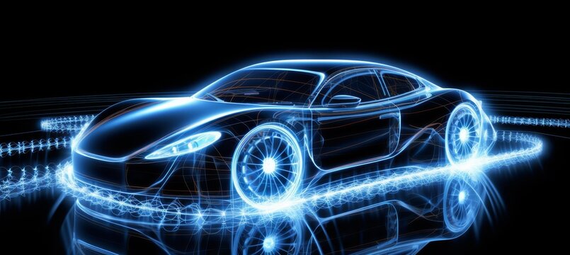 Futuristic electric car with holographic wireframe technology on white background