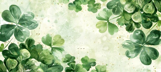 Stpatrick s day card template with green four leaf clover and gold splashes on a green background - obrazy, fototapety, plakaty