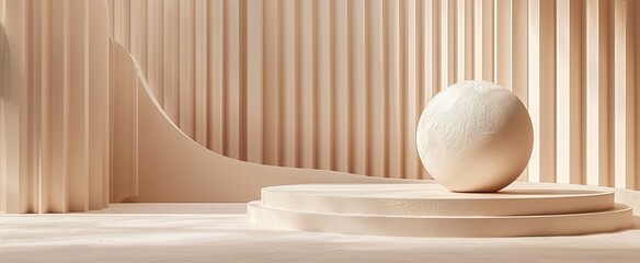 Minimalist beige abstract background with a single sphere on a curved platform, conveying simplicity and modern design.