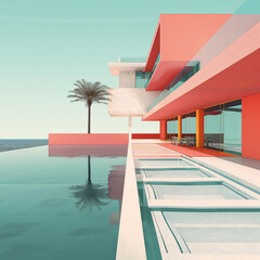 Modern minimalist architecture of a surreal pink design scene with pool, exterior home with palm tree with ocean background. Generated AI.