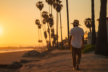 Man walking on beautiful beach at golden hour, man walking on sunset beach