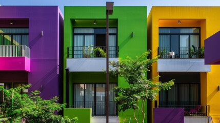 Fototapeta na wymiar Vibrant and eyecatching townhouses with bold exteriors in shades of royal purple emerald green and sunny yellow evoking a playful and lively atmosphere.
