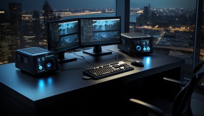 Naklejka premium Enhance video editing experience dual monitors for increased productivity and workspace expansion