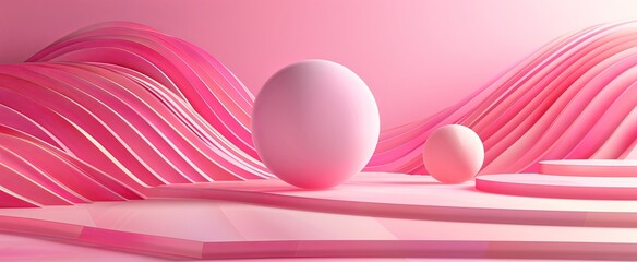Abstract pink geometric shapes and curves with a central sphere create a minimalistic and modern background.