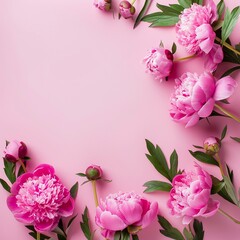 Tender peonies on pink background with copy space.