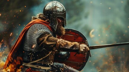 No weapon can intimidate this Hunnic warrior as he confidently charges into battle armed with only his trusty sword and shield. - obrazy, fototapety, plakaty