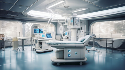 The heart of the room: a high-tech surgical table, a canvas for intricate medical artistry. Overhead, surgical lights cast an intense, focused glow,  - obrazy, fototapety, plakaty