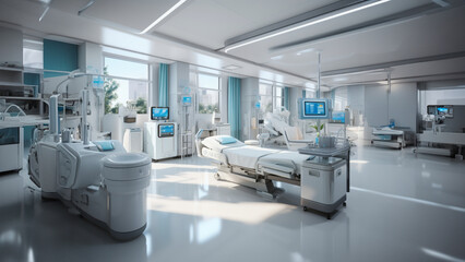 The heart of the room: a high-tech surgical table, a canvas for intricate medical artistry. Overhead, surgical lights cast an intense, focused glow,  - obrazy, fototapety, plakaty