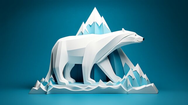 Side profile of a polar bear standing on an iceberg papercut 3d style