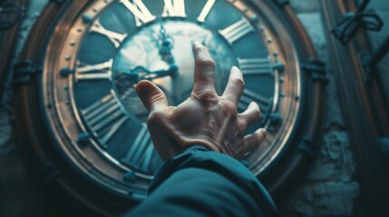 A hand reaching out from behind a clock representing the need to seize and make the most of every...