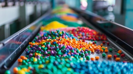 A conveyor belt carries a colorful ortment of finished biodegradable plastic products showcasing the wide range of consumer goods that can be made from this versatile material.
