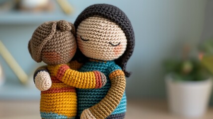 Crochet doll of a pregnant mom hugging her bigger boy in living room.
