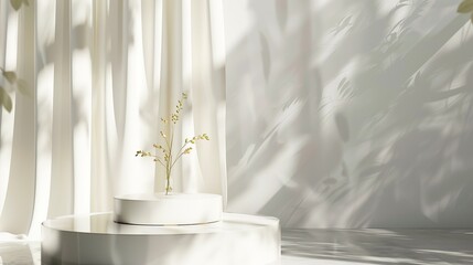Luxurious Product Display on Cream Glossy Pedestal with Dappled Sunlight