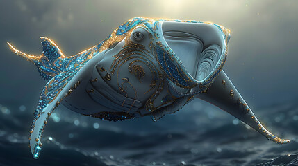 A manta ray is adorned with gold and turquoise jewels, swimming gracefully in the deep sea. The sun shines on the 
 back. - obrazy, fototapety, plakaty