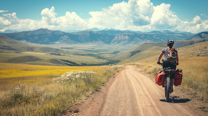 A biker, attired in specialized cycling gear, taking a moment to absorb the panoramic view of mountains 