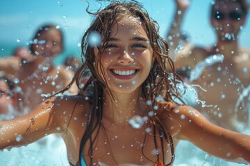 This image shows a vibrant young woman in a swimsuit having fun, surrounded by water drops, possibly at a pool party
