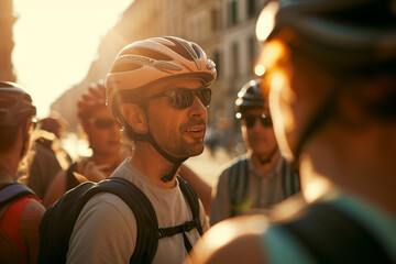 Fototapeta premium cycle-tour guide, helmet on, gesturing towards an iconic building, surrounded by a group of cyclists with their bikes